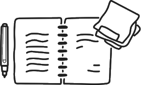 Illustration of an open notebook with a pen and wipe